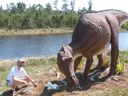 Photo of Peter examining some dinosaur eggs